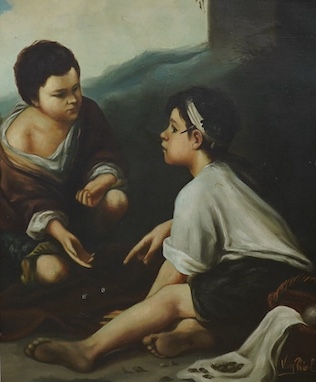 Van Riel, decorative oil on canvas, Two children playing with dice, signed, 59 x 49cm, ornately gilt framed. Condition - good